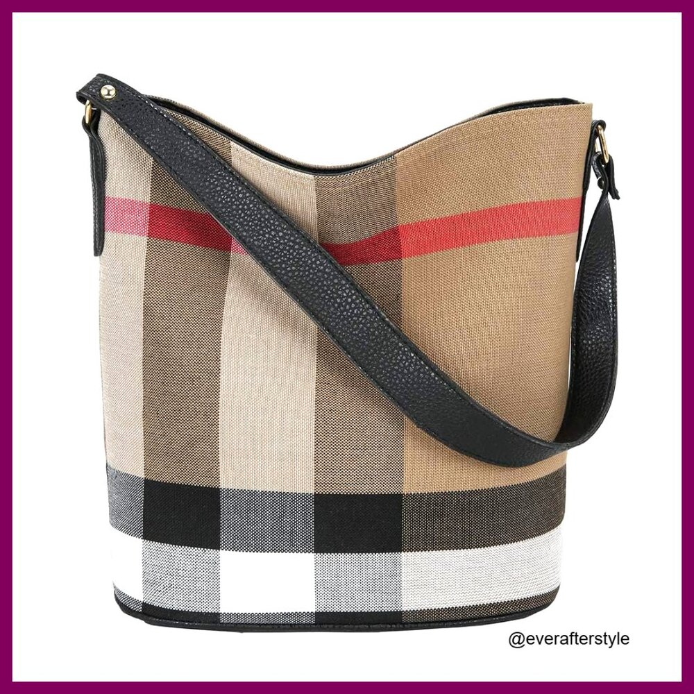 Canvas Tote Bag Plaid Designer Handbag Adjustable Leather Strap Chic Retro